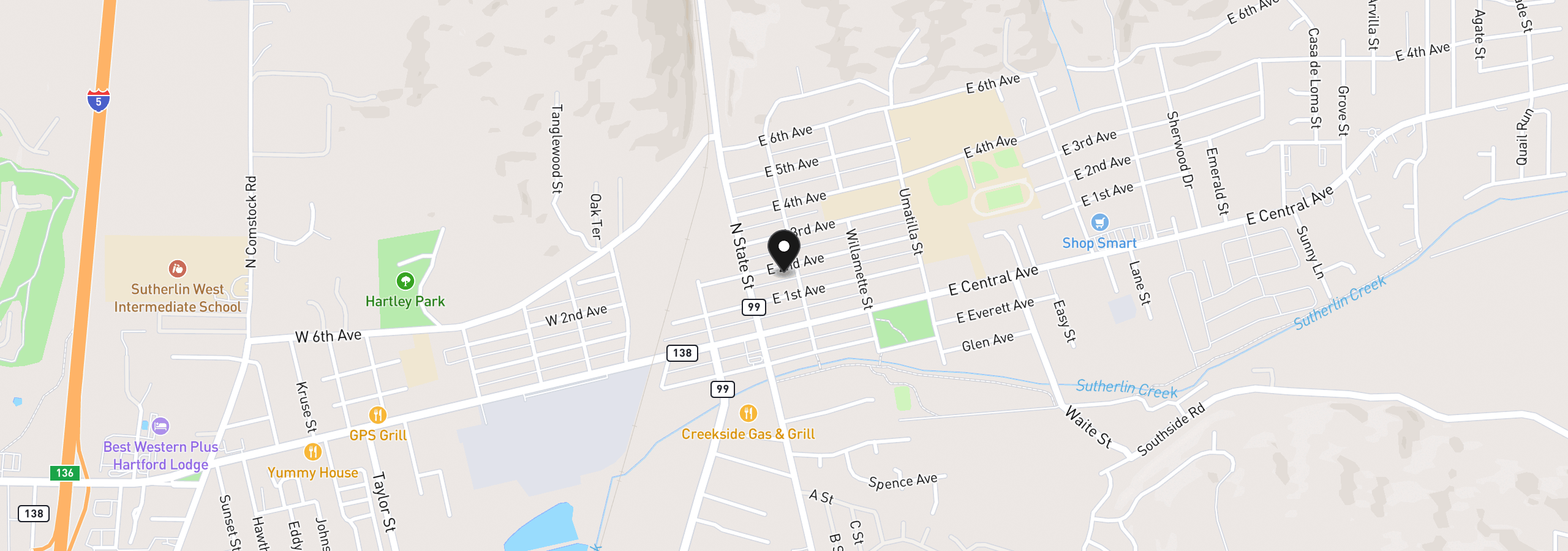Map showing the location of 180 E Second Ave, Sutherlin, OR 97479