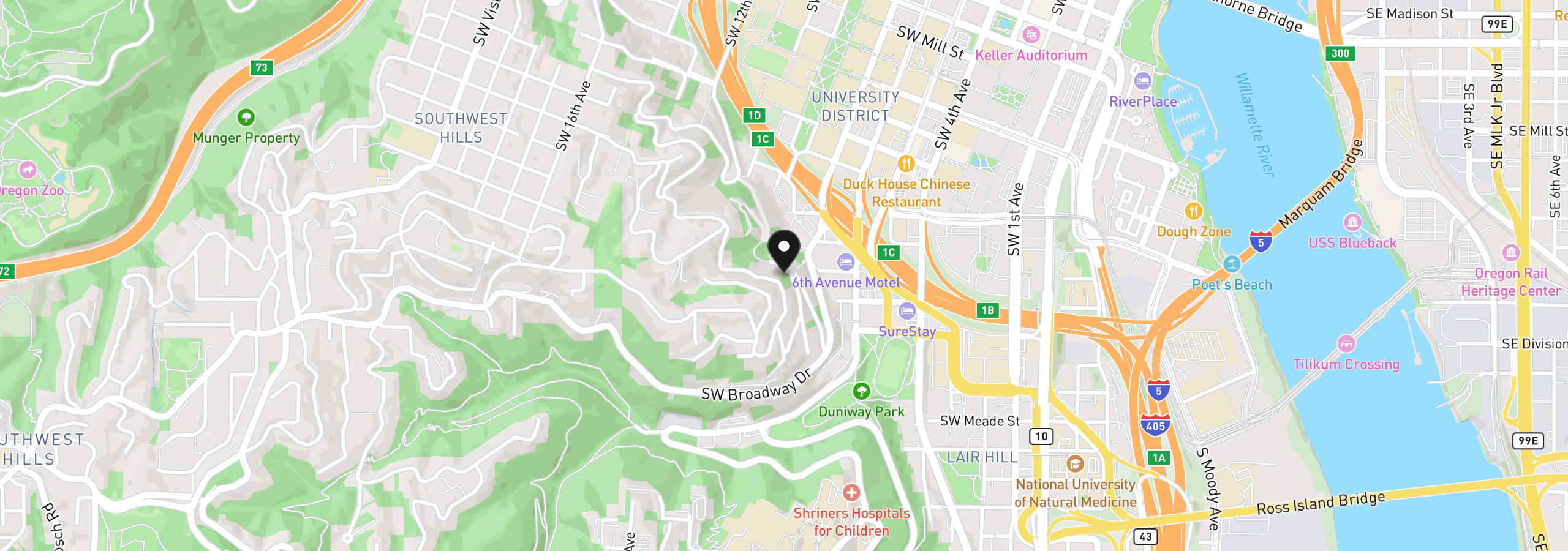 Map showing the location of 2590 SW Buckingham Ave, Portland, OR 97201