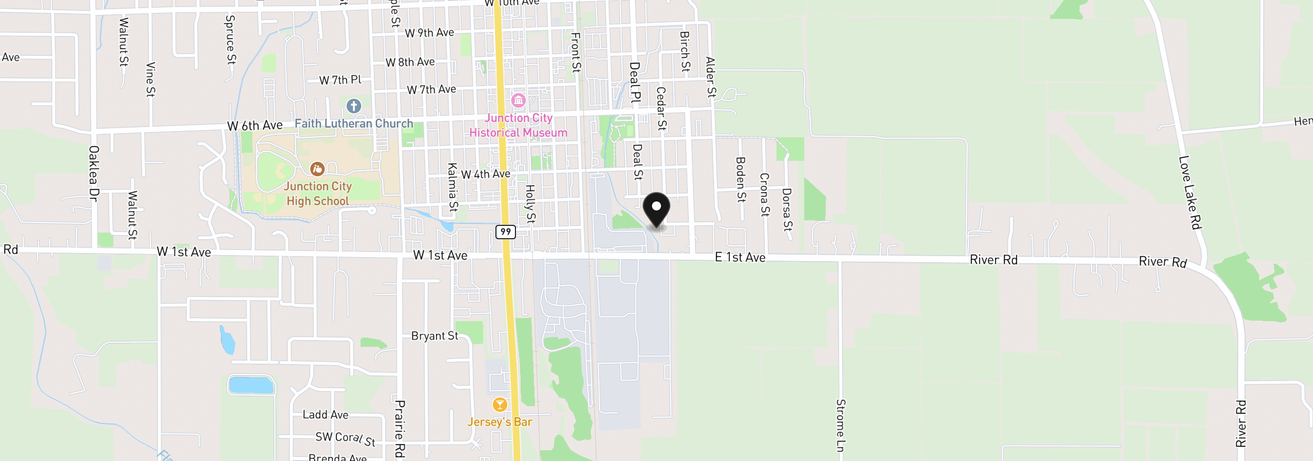 Map showing the location of 371 E 2nd Ave, Junction City, OR 97448