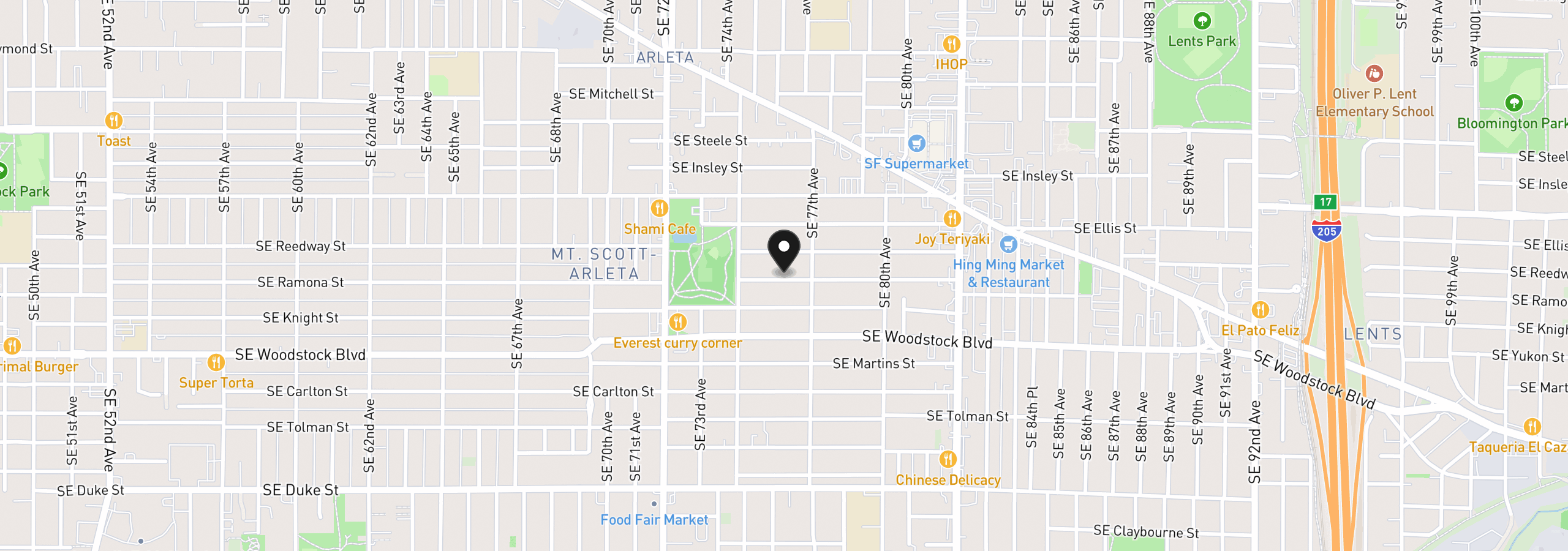 Map showing the location of 7527 SE Ramona St, Portland, OR 97206