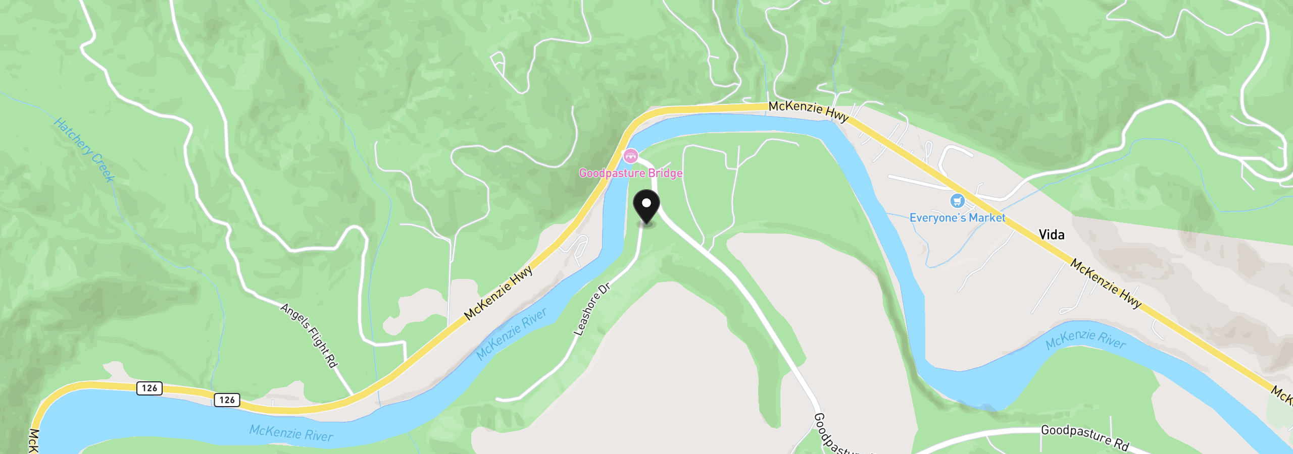 Map showing the location of 91051 Leashore Dr, Vida, OR 97488