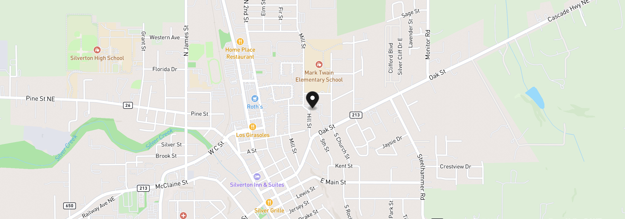 Map showing the location of 336 Hill St, Silverton, OR 97381