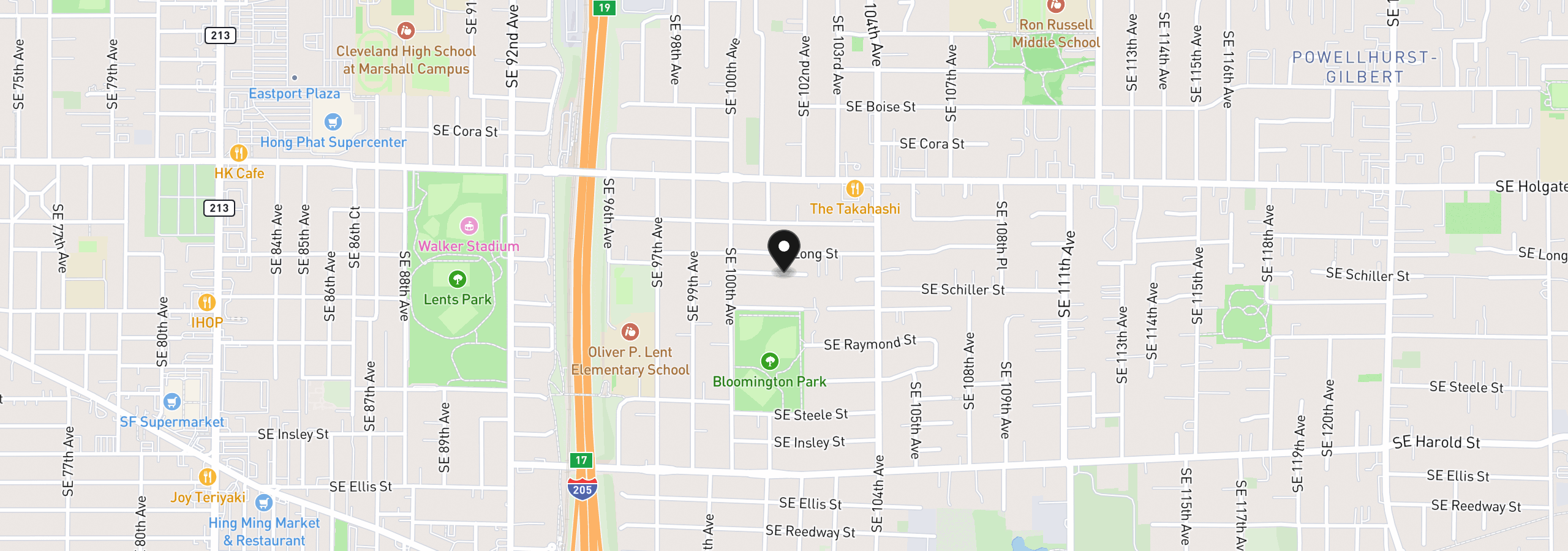 Map showing the location of 10222 SE Schiller St, Portland, OR 97266
