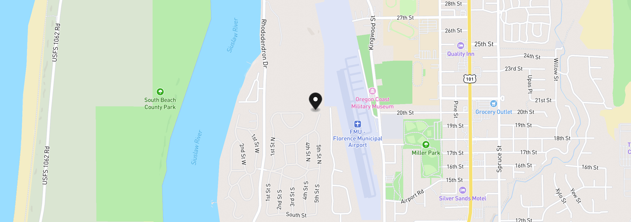 Map showing the location of 1600 Rhododendron Dr 246, Florence, OR 97439