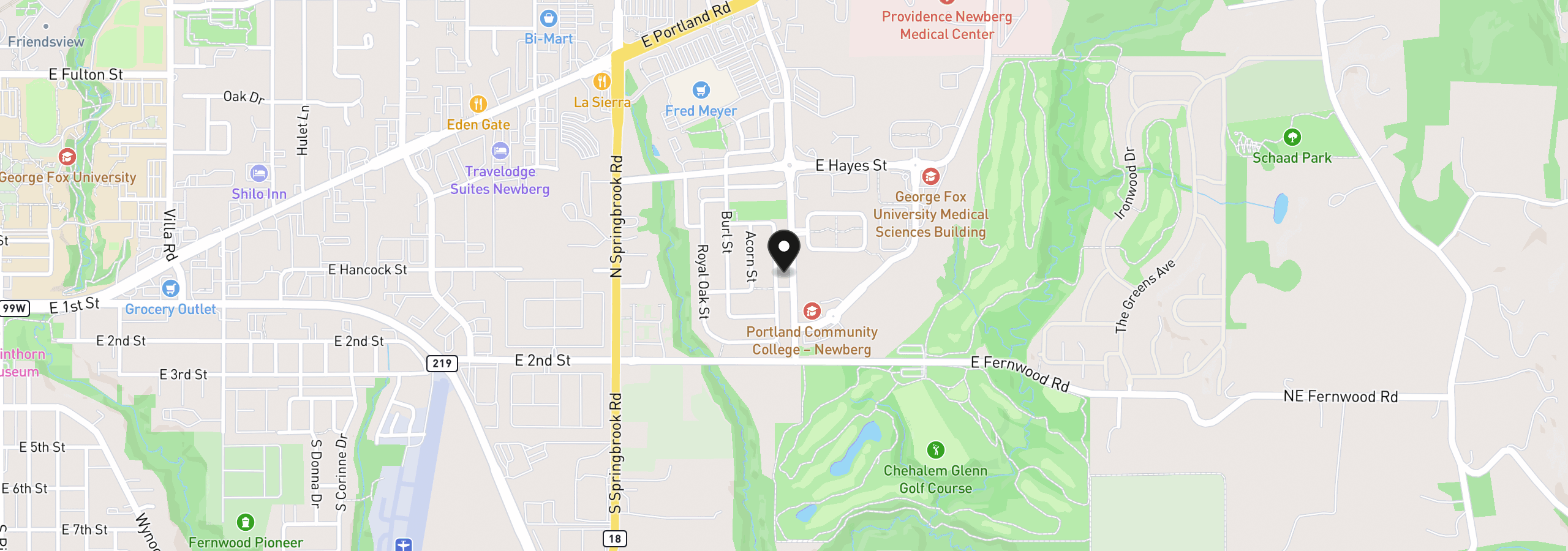 Map showing the location of 208 N White Oak St, Newberg, OR 97132