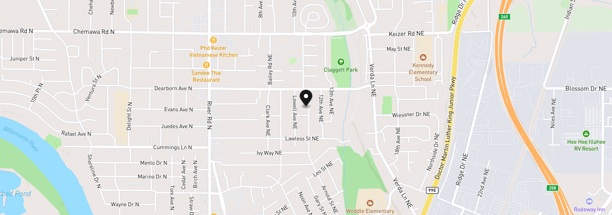 Map showing the location of 4735 NE Harcourt Ave, Keizer, OR 97303