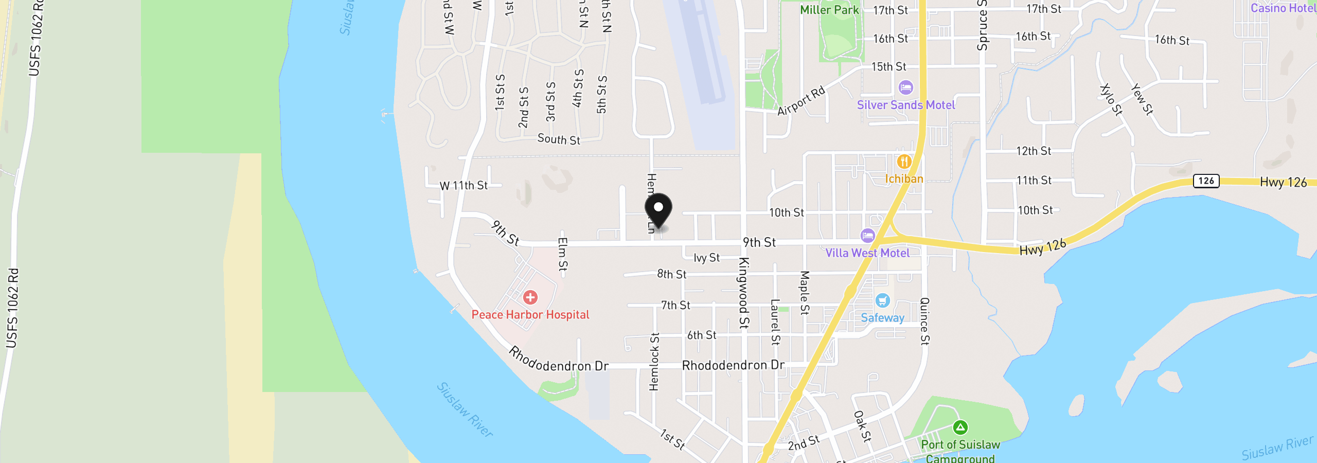 Map showing the location of 935 Hemlock St, Florence, OR 97439