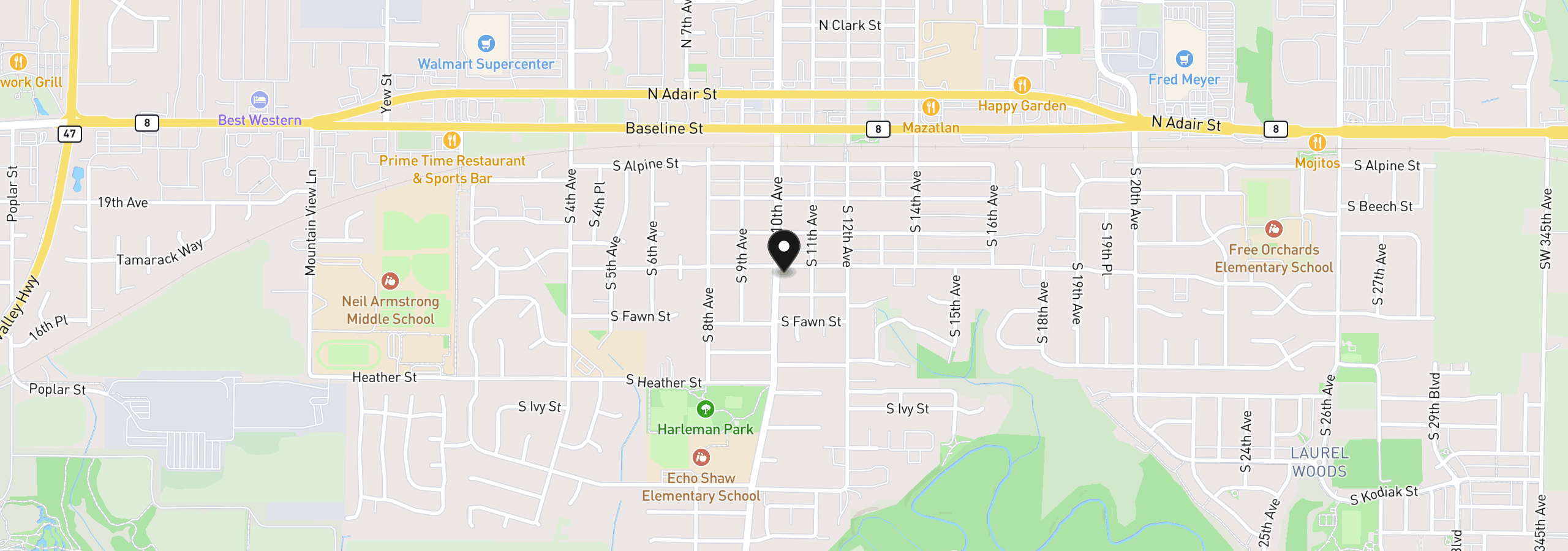 Map showing the location of 424 S 10th Ave, Cornelius, OR 97113