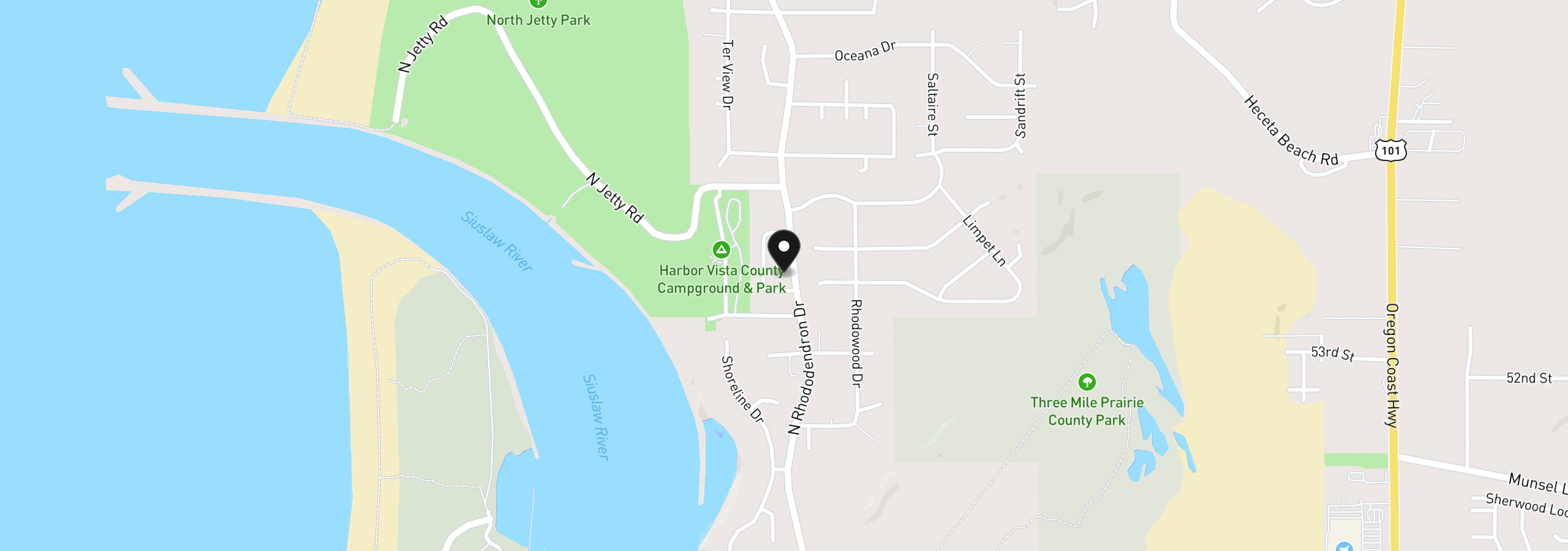 Map showing the location of 87636 Rhododendron Dr, Florence, OR 97439