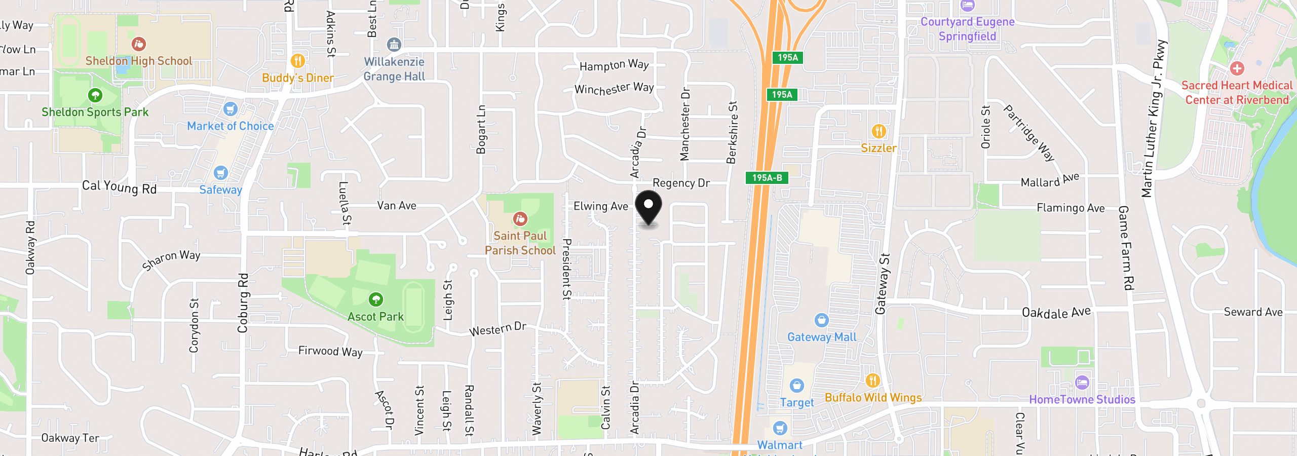 Map showing the location of 1271 Arcadia Dr, Eugene, OR 97401