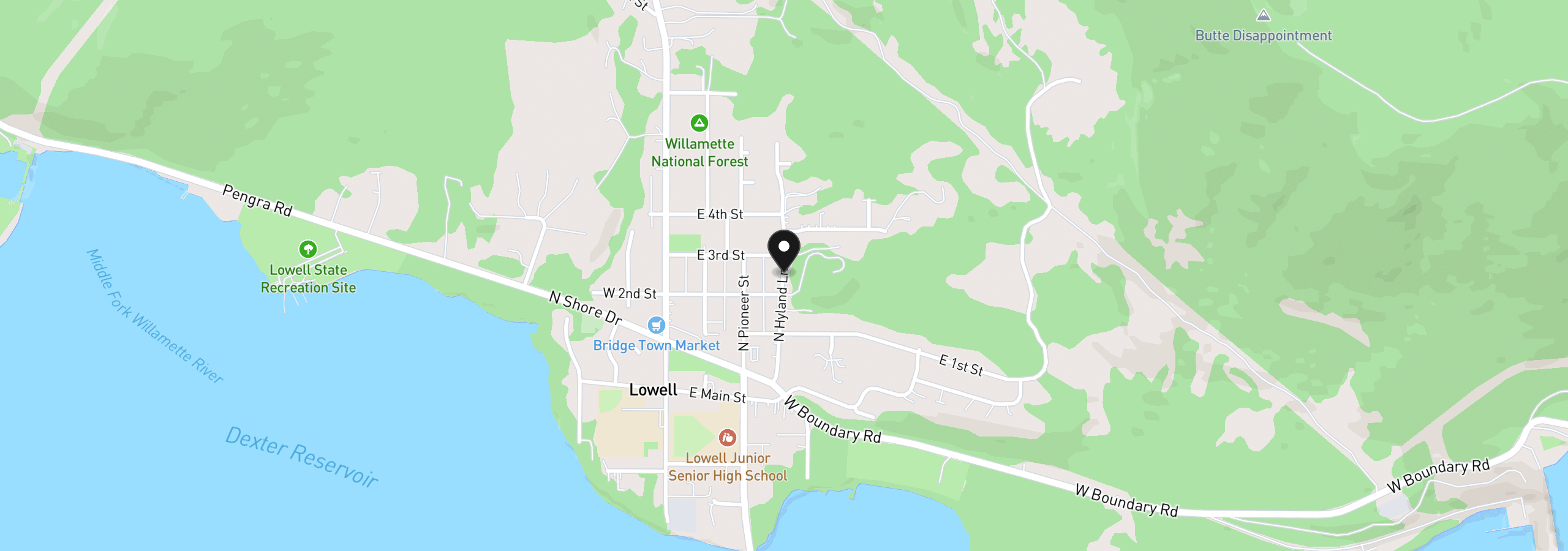 Map showing the location of 06100 N Hyland Ln, Lowell, OR 97452