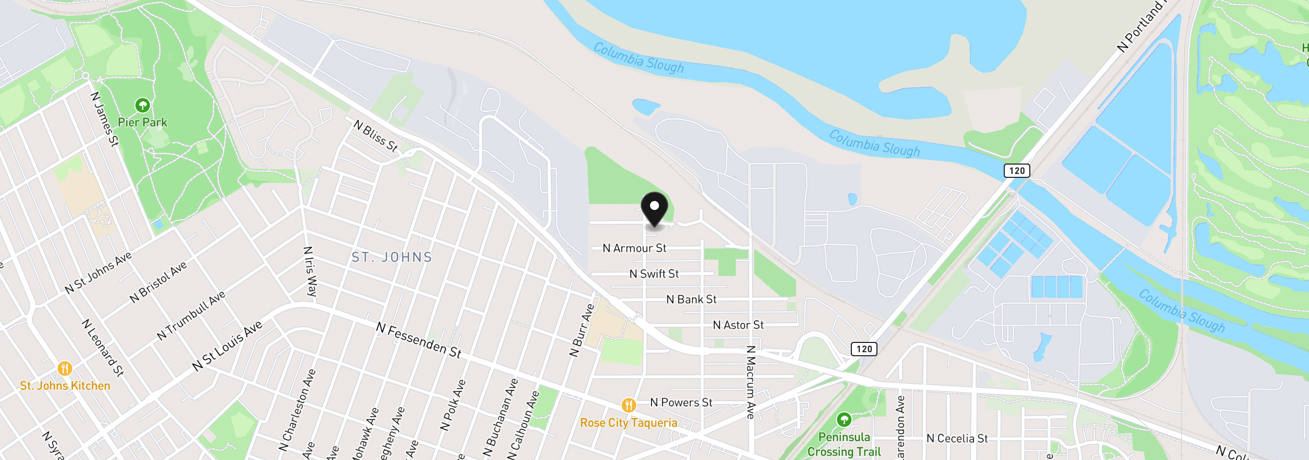 Map showing the location of 6936 N Richards St, Portland, OR 97203