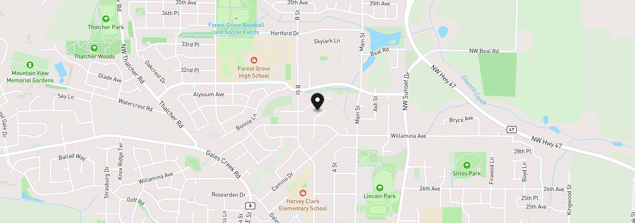 Map showing the location of 3032 Concord Way, Forest Grove, OR 97116