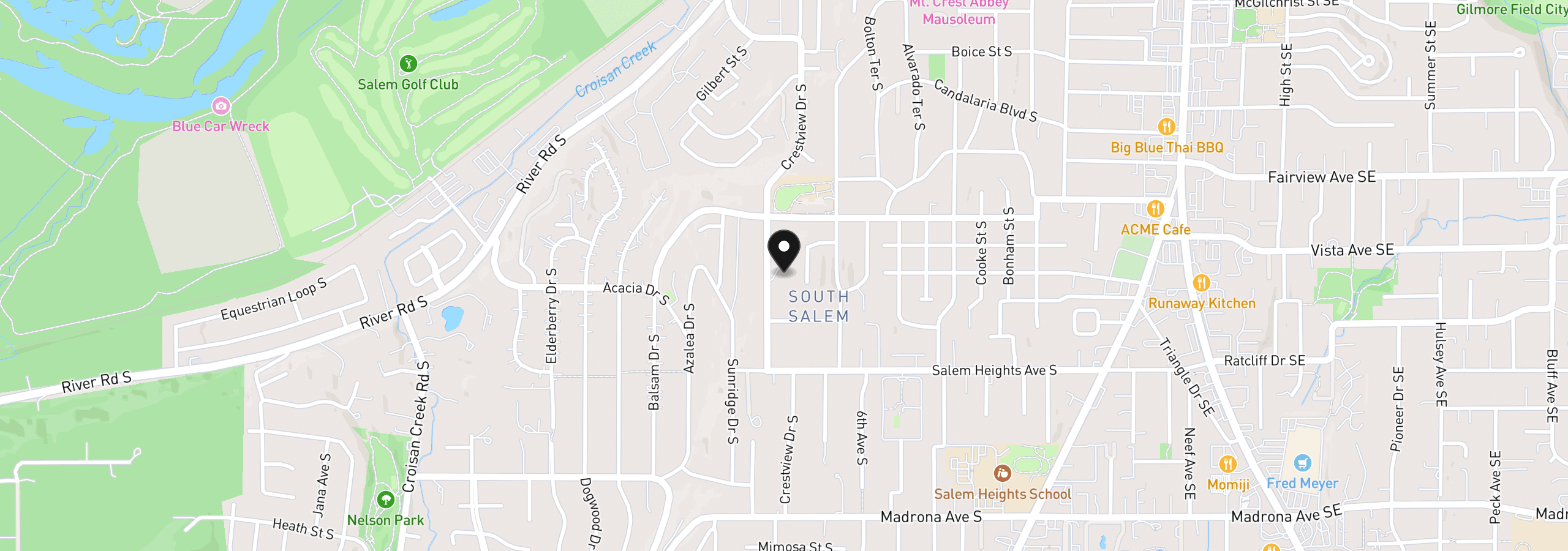 Map showing the location of 3200 Crestview Dr S, Salem, OR 97302