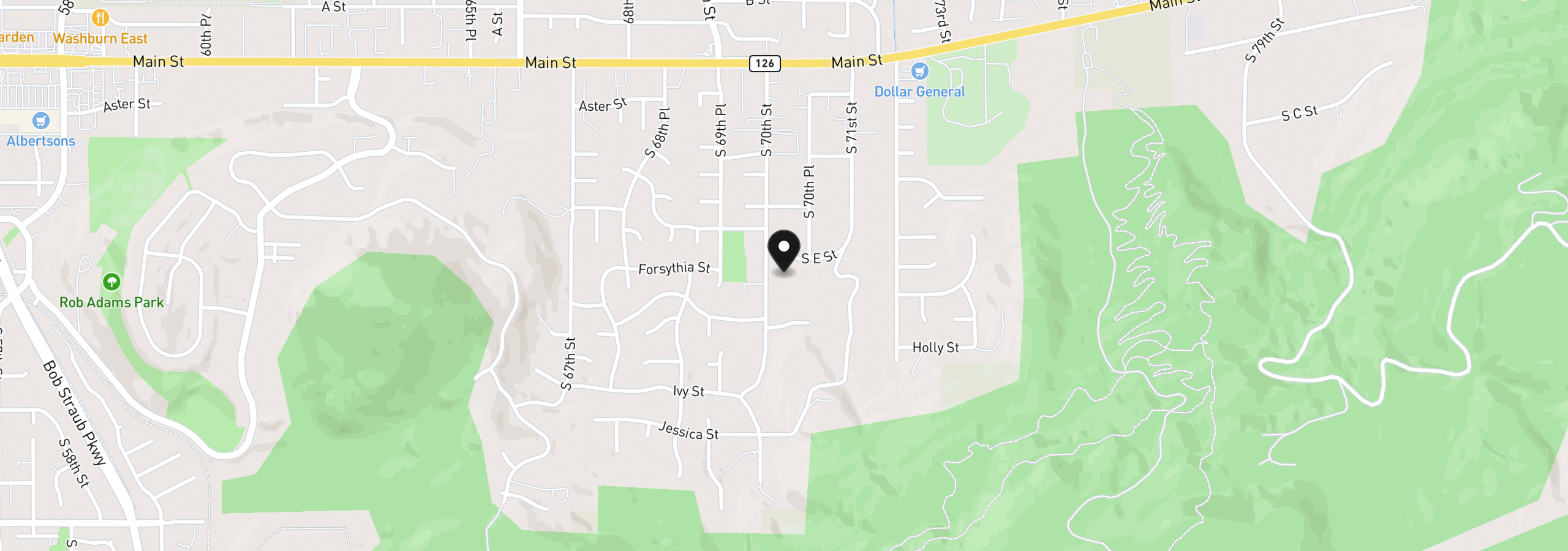 Map showing the location of 639 S 70th St, Springfield, OR 97478