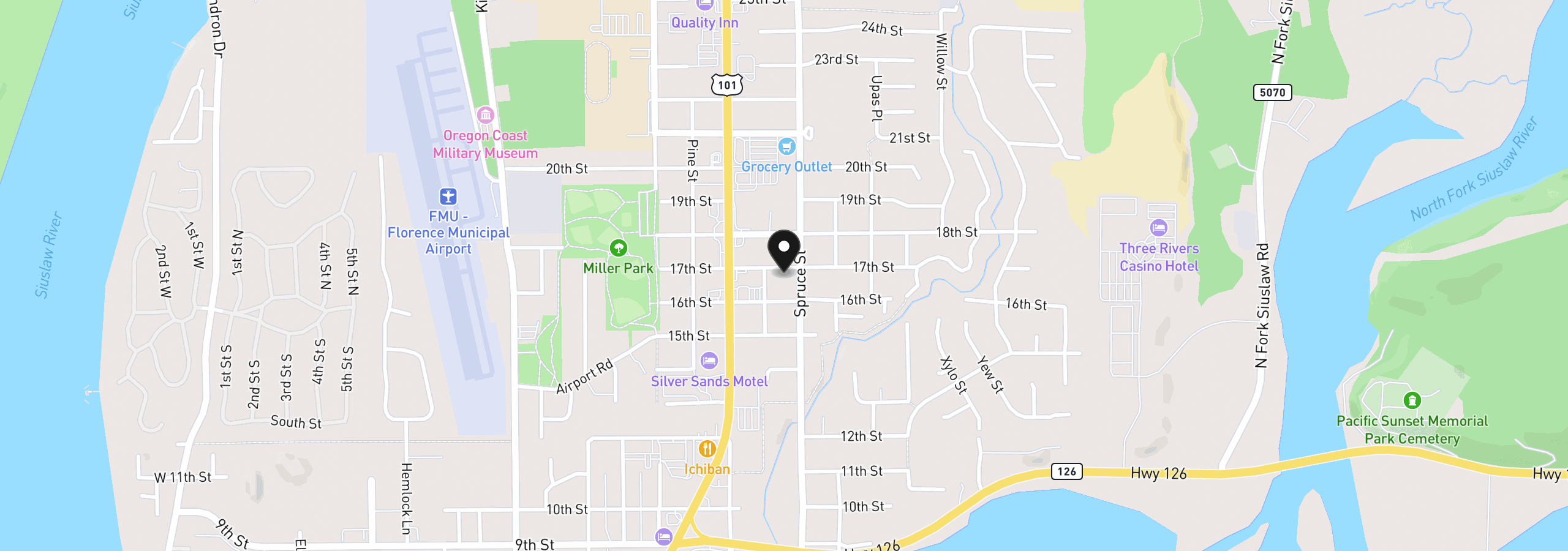 Map showing the location of 1958 17th St, Florence, OR 97439