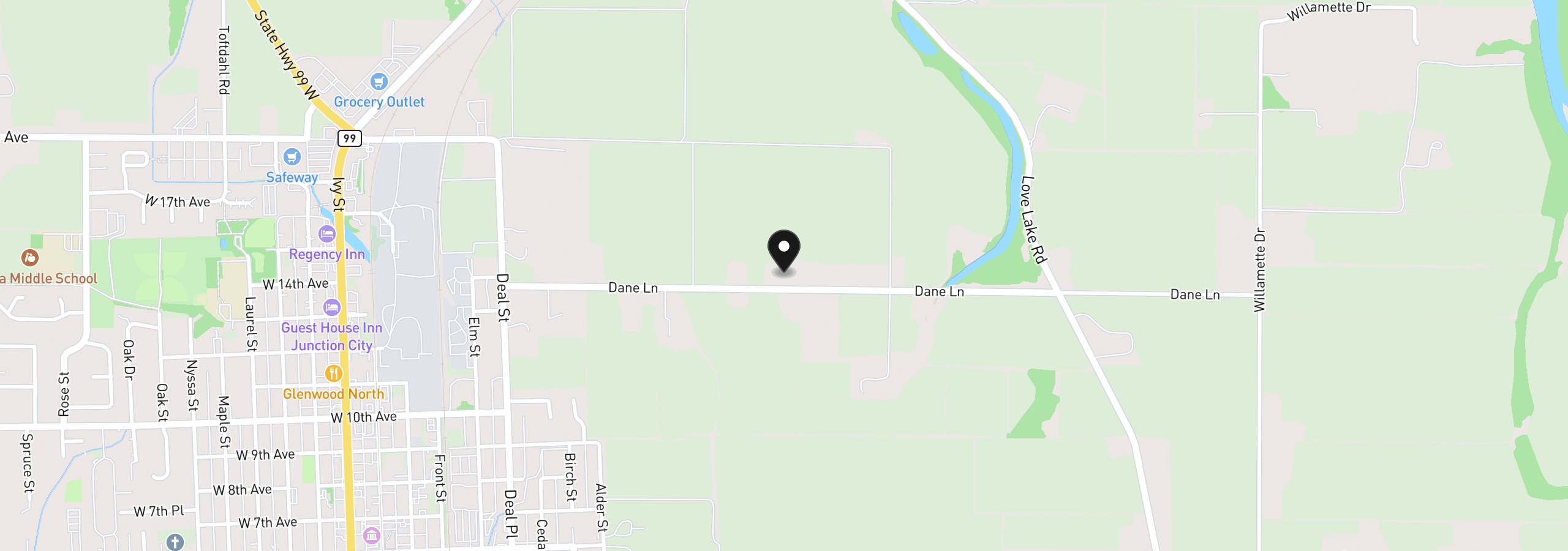 Map showing the location of 29535 Dane Ln, Junction City, OR 97448