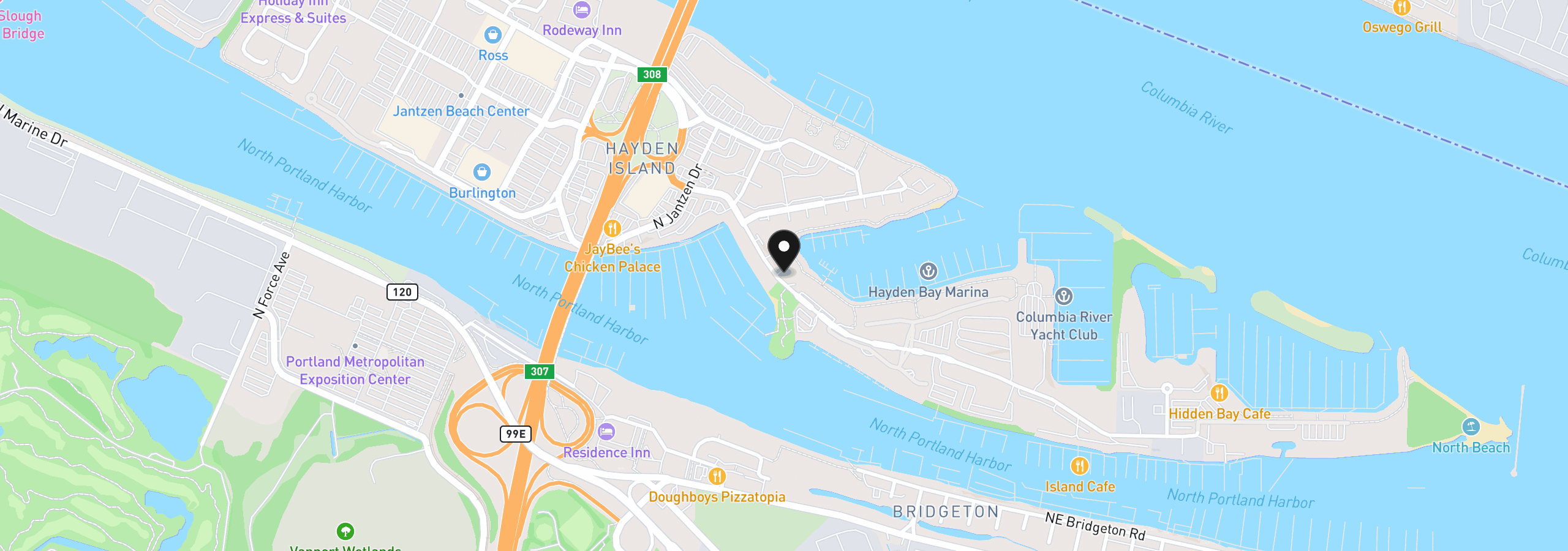 Map showing the location of 601 N Tomahawk Island Dr, Portland, OR 97217