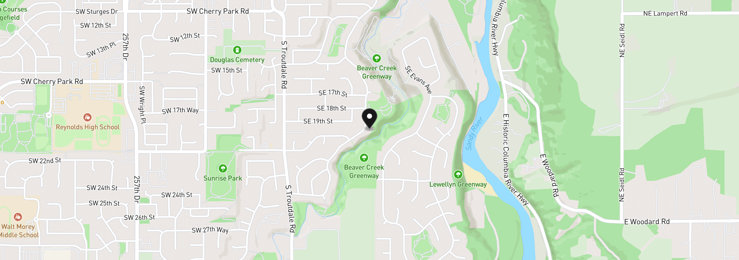 Map showing the location of 2018 SE Beaver Creek Ln, Troutdale, OR 97060