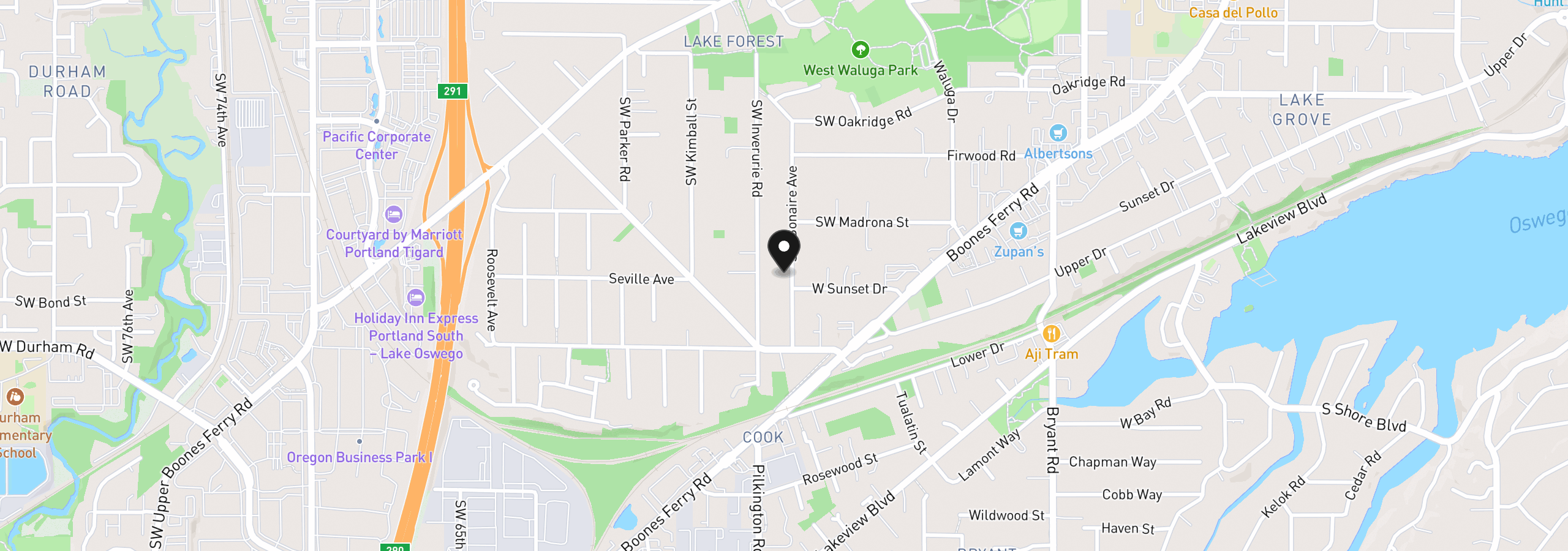 Map showing the location of 16573 Bonaire Ave, Lake Oswego, OR 97035