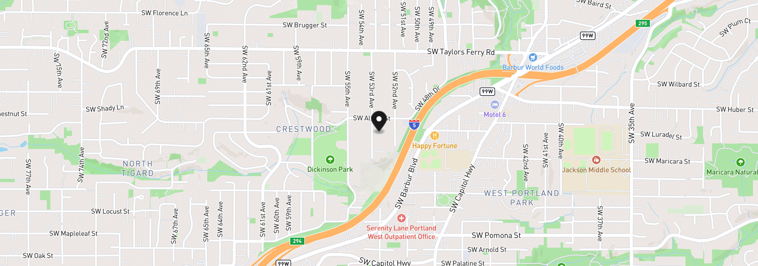 Map showing the location of 10408 SW 53rd Ave, Portland, OR 97219