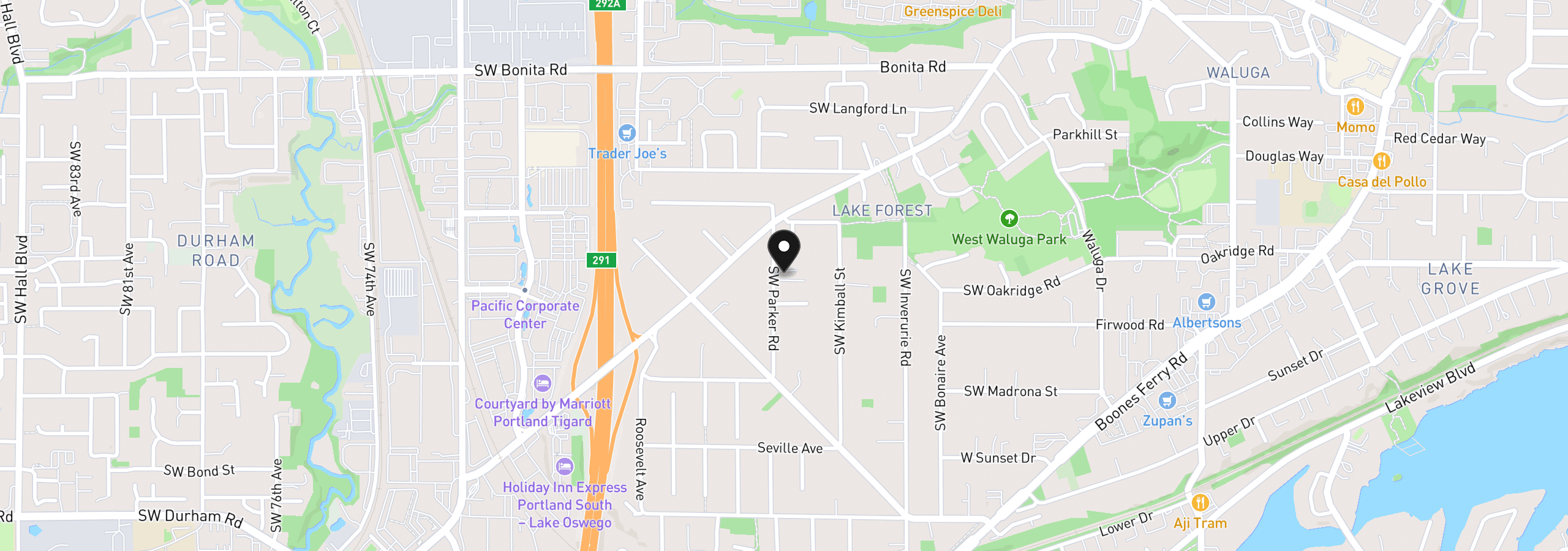Map showing the location of 15986 Parker Rd, Lake Oswego, OR 97035