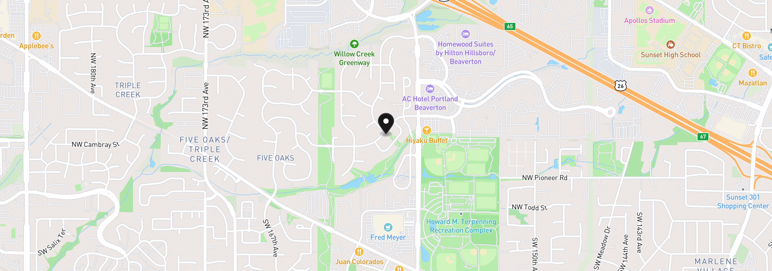 Map showing the location of 16050 NW Blueridge Dr, Beaverton, OR 97006