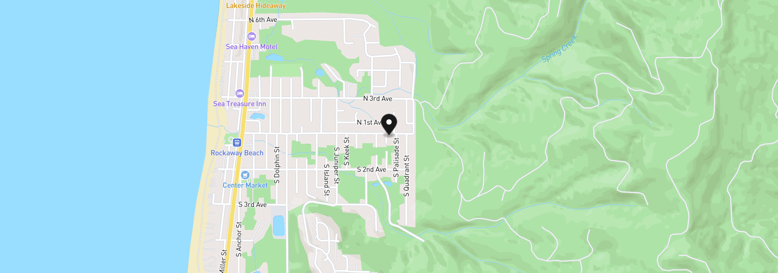 Map showing the location of 102 S Ocean Ave, Rockaway Beach, OR 97136
