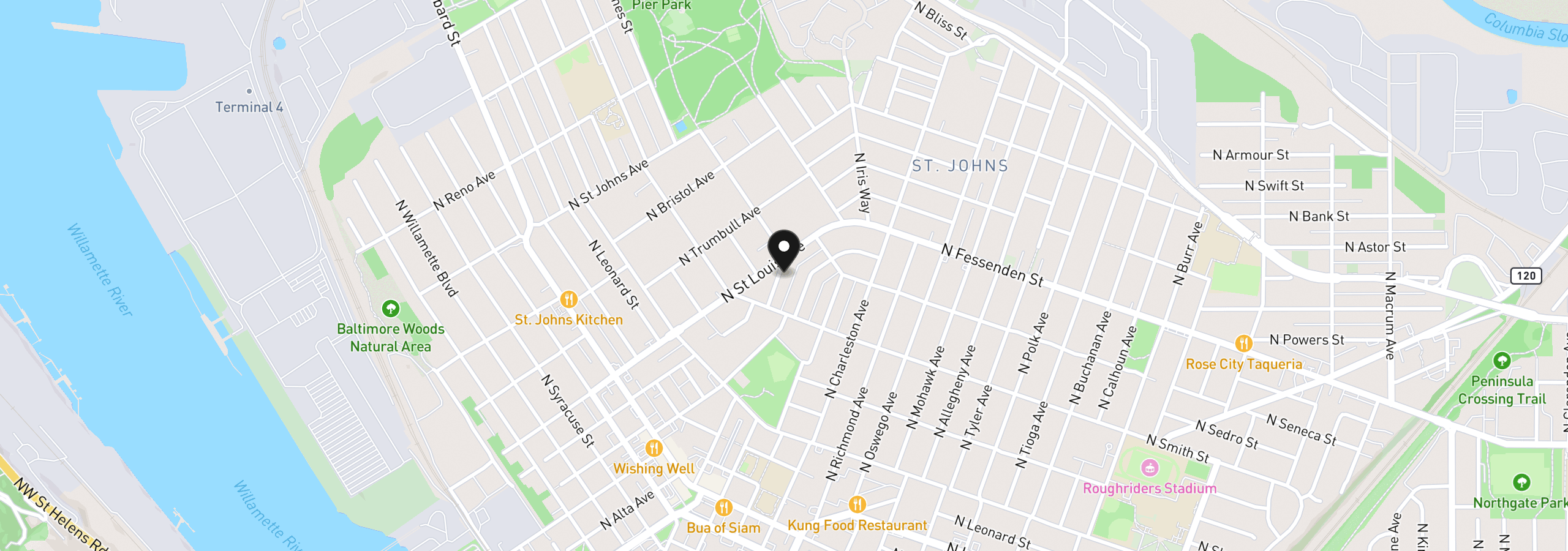 Map showing the location of 9288 N New York Ave 1, Portland, OR 97203