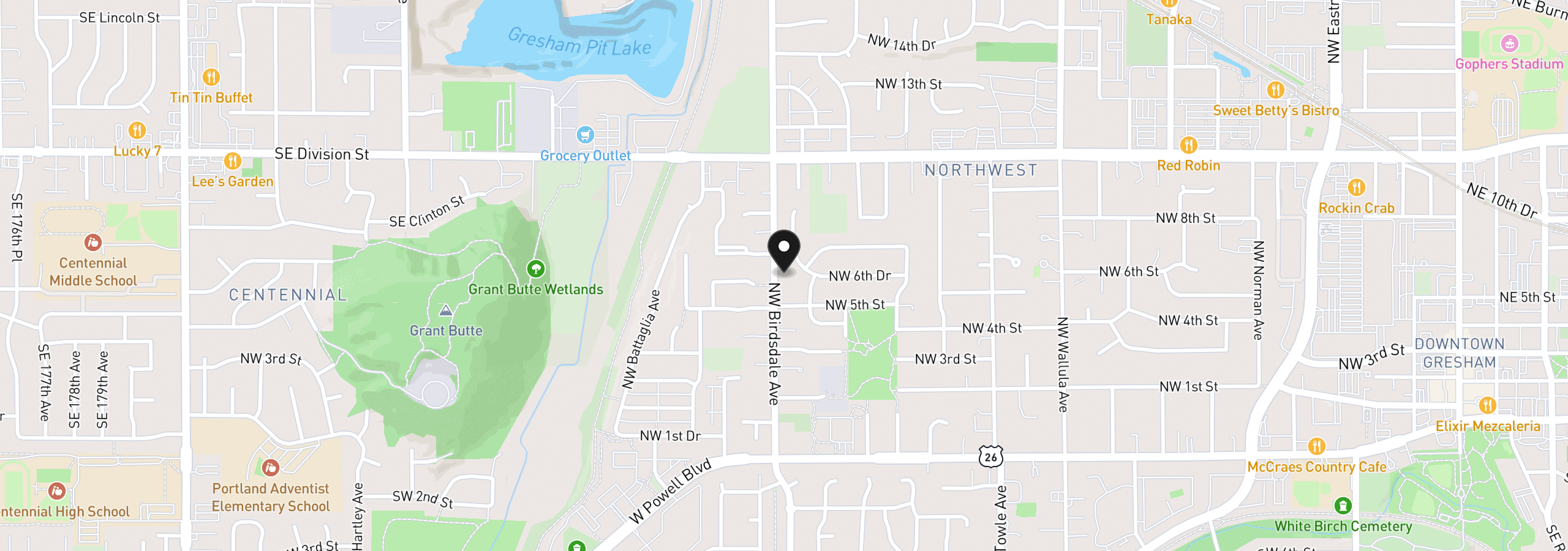 Map showing the location of 570 NW Birdsdale Ave, Gresham, OR 97030