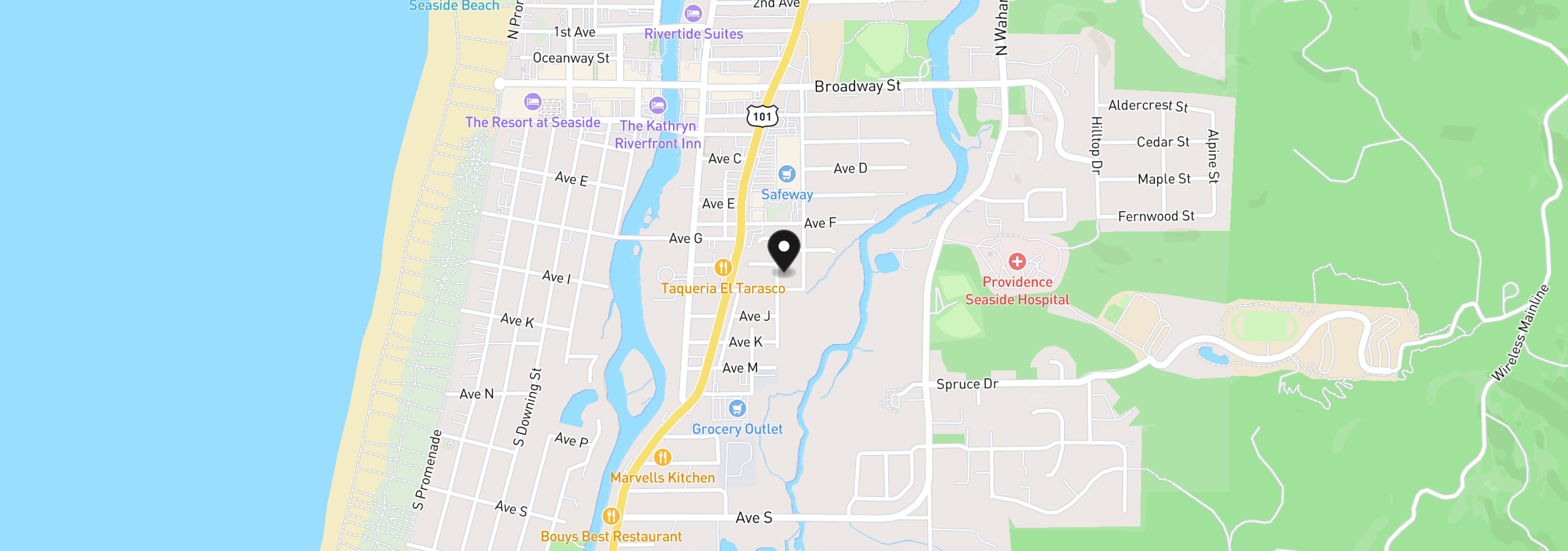 Map showing the location of 805 S King St, Seaside, OR 97138