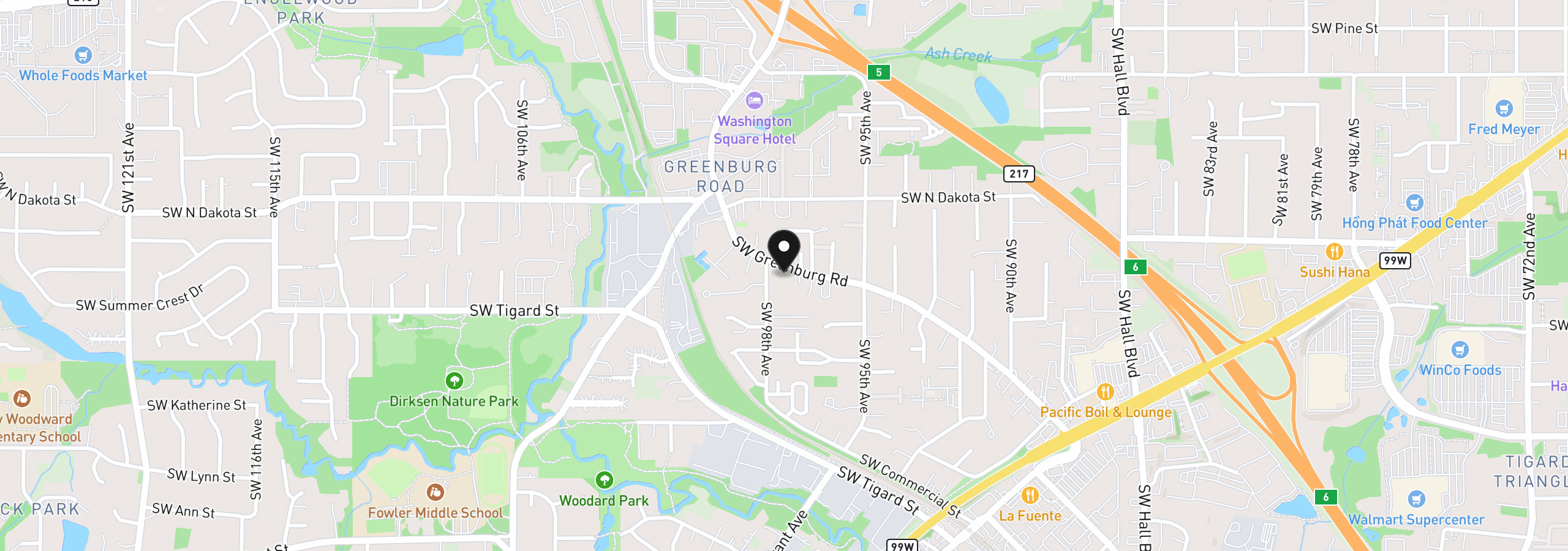 Map showing the location of 11425 SW Greenburg Rd, Tigard, OR 97223
