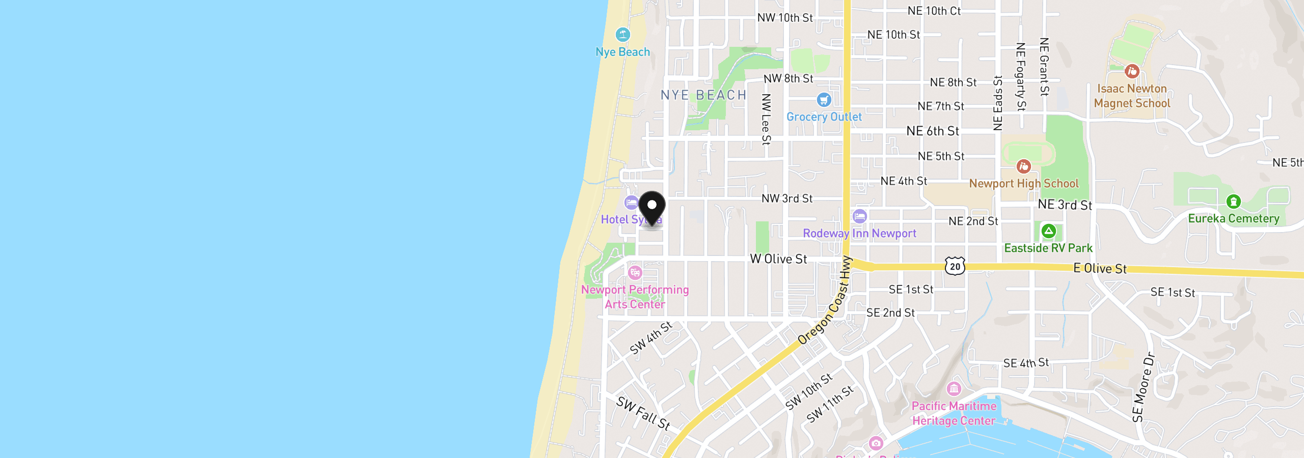 Map showing the location of 11 NW 2nd St, Newport, OR 97365