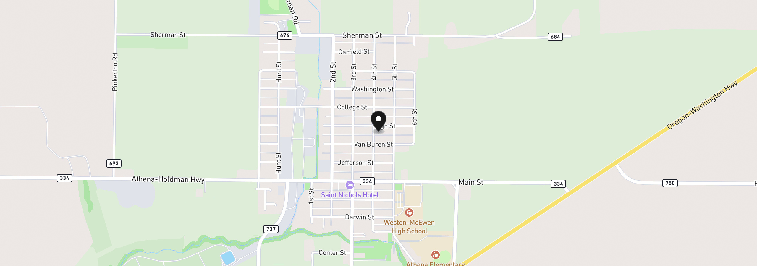 Map showing the location of 335 N 4th St, Athena, OR 97813