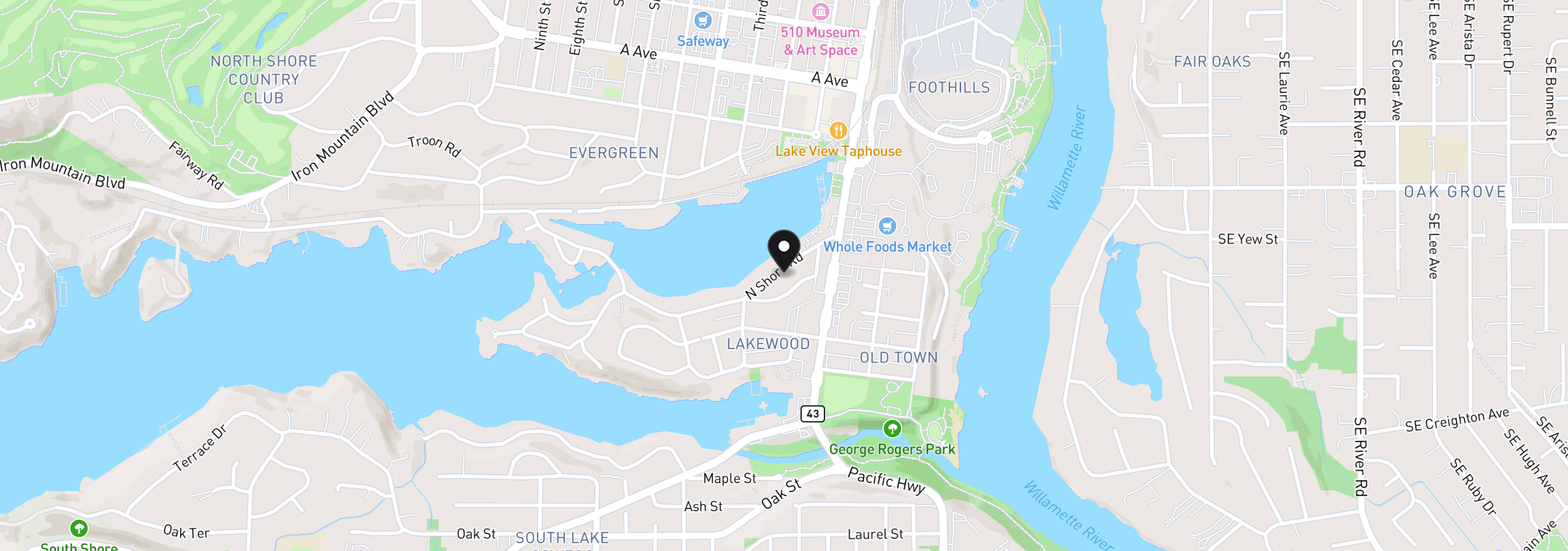 Map showing the location of 210 Northshore Rd, Lake Oswego, OR 97034