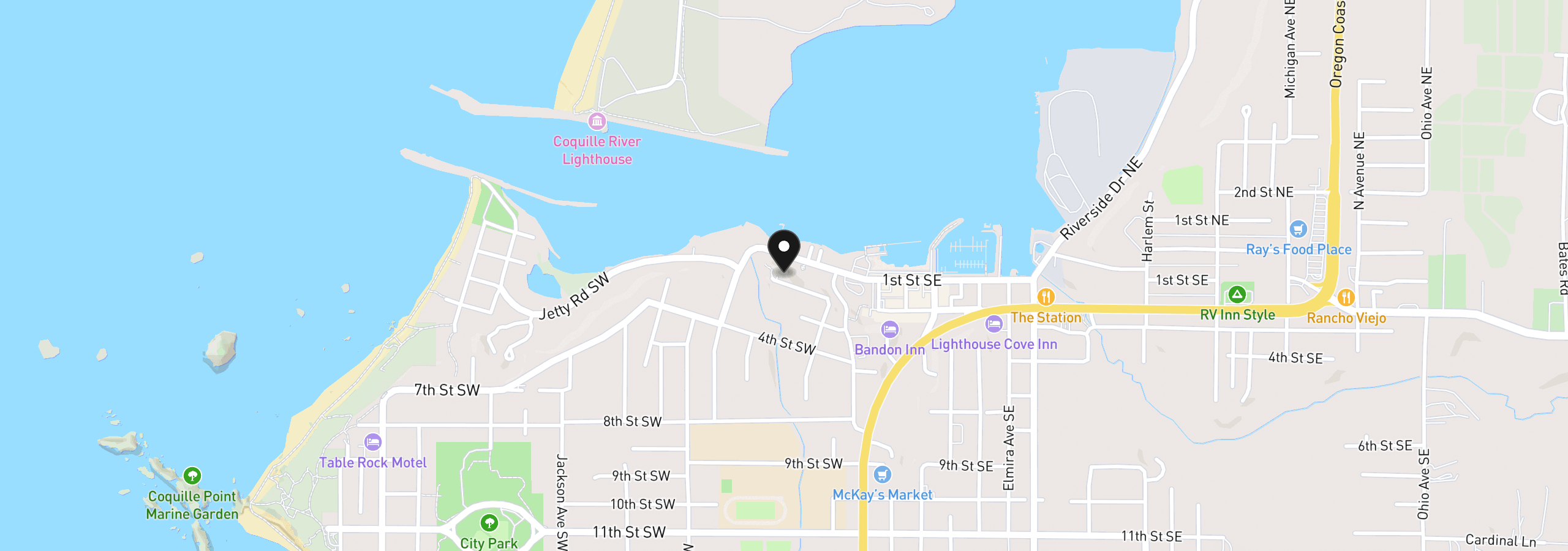 Map showing the location of 360 2nd St, Bandon, OR 97411