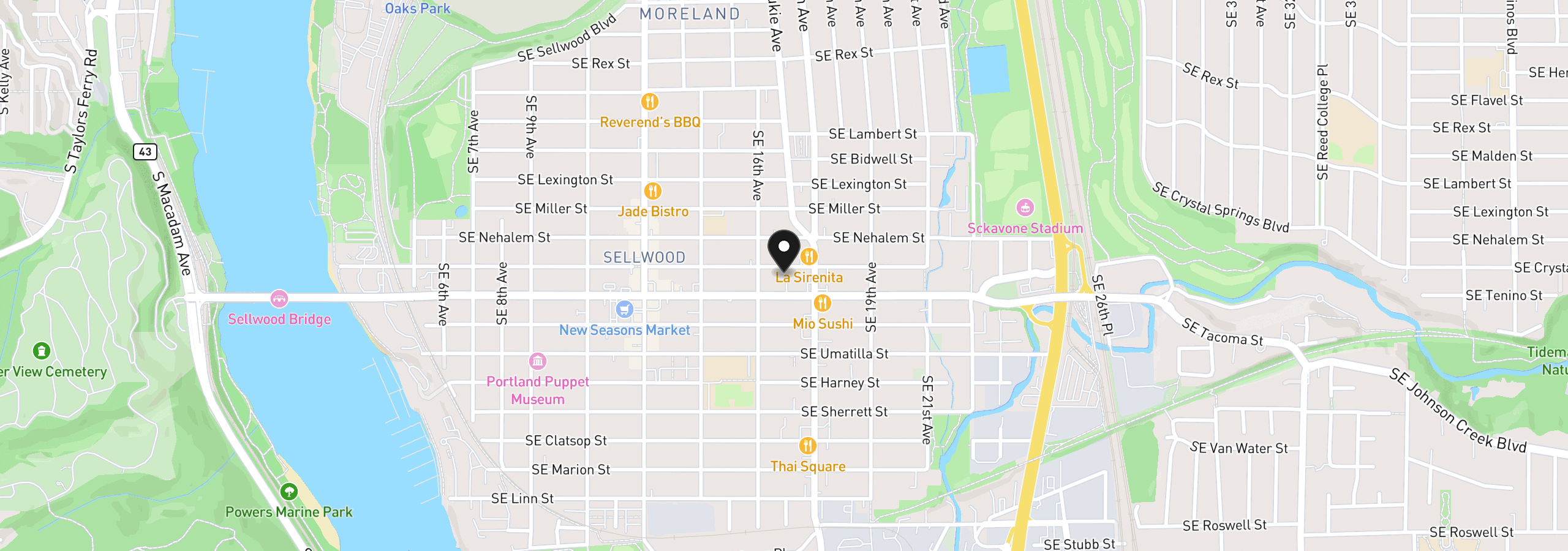 Map showing the location of 1634 SE Spokane St, Portland, OR 97202