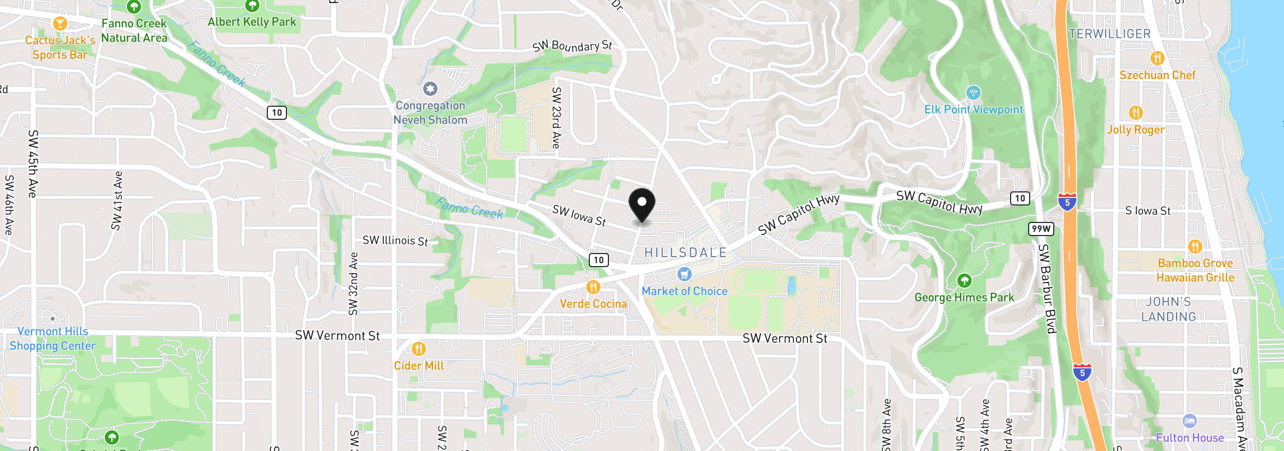 Map showing the location of 6020 SW 18th Dr, Portland, OR 97239