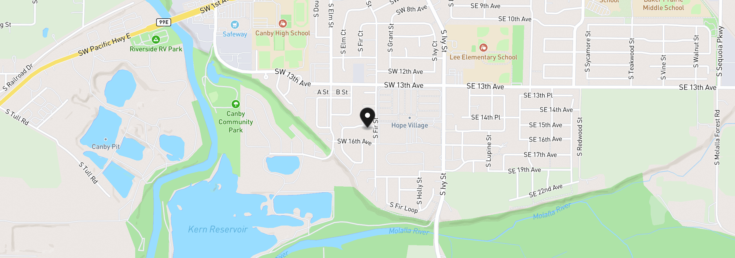 Map showing the location of 447 SW 15th Ave, Canby, OR 97013