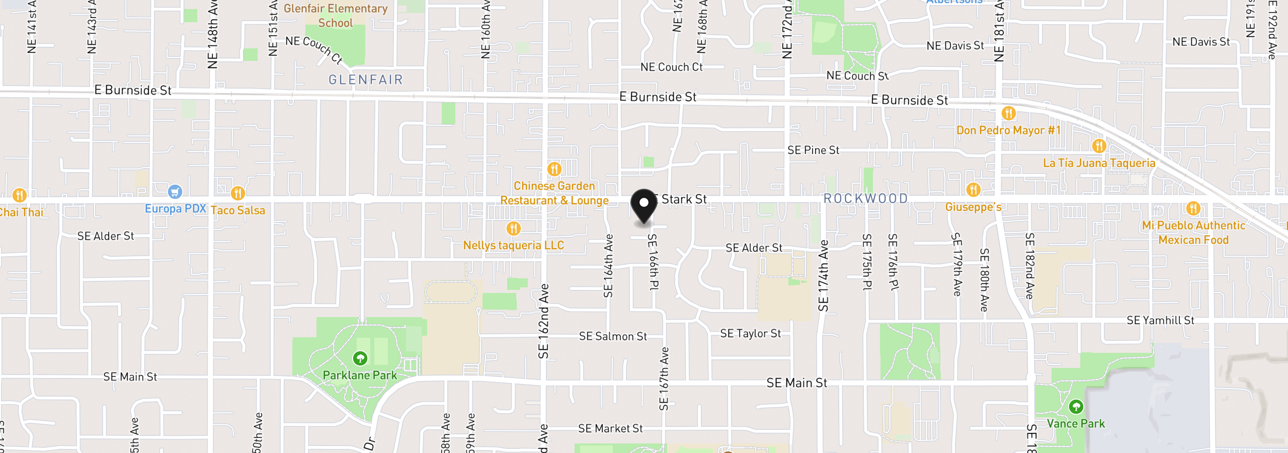 Map showing the location of 605 SE 166th Pl, Portland, OR 97233