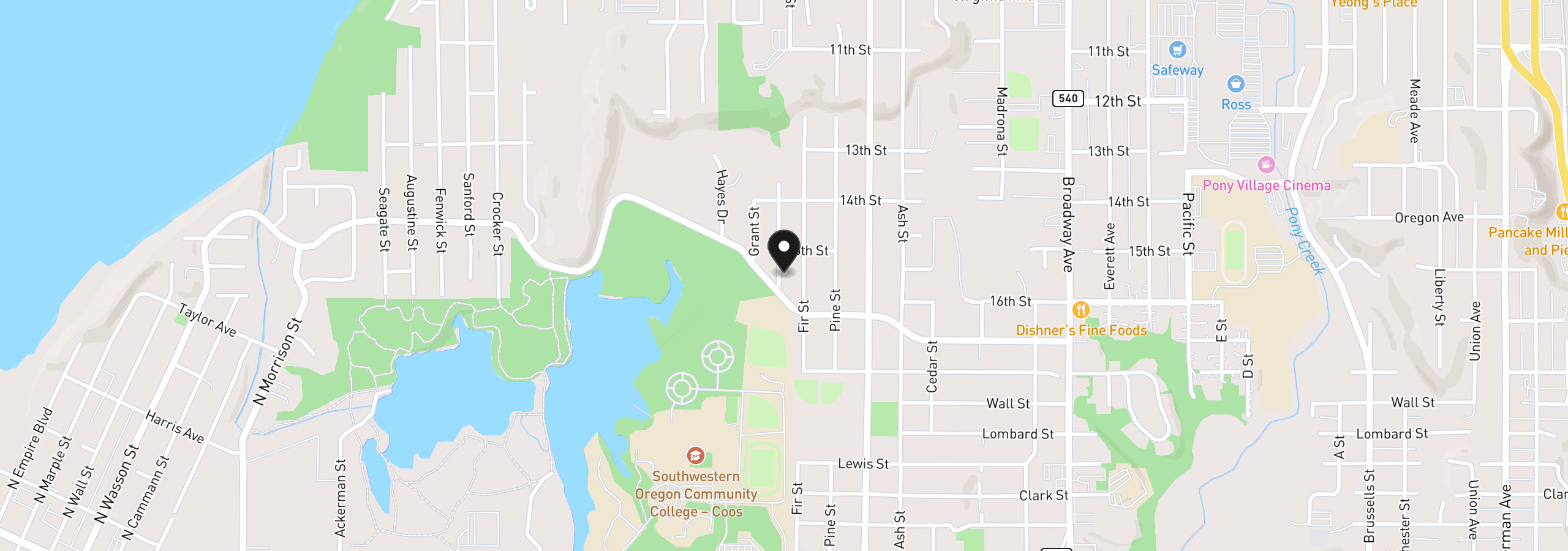 Map showing the location of 2521 Delores Ln, North Bend, OR 97459