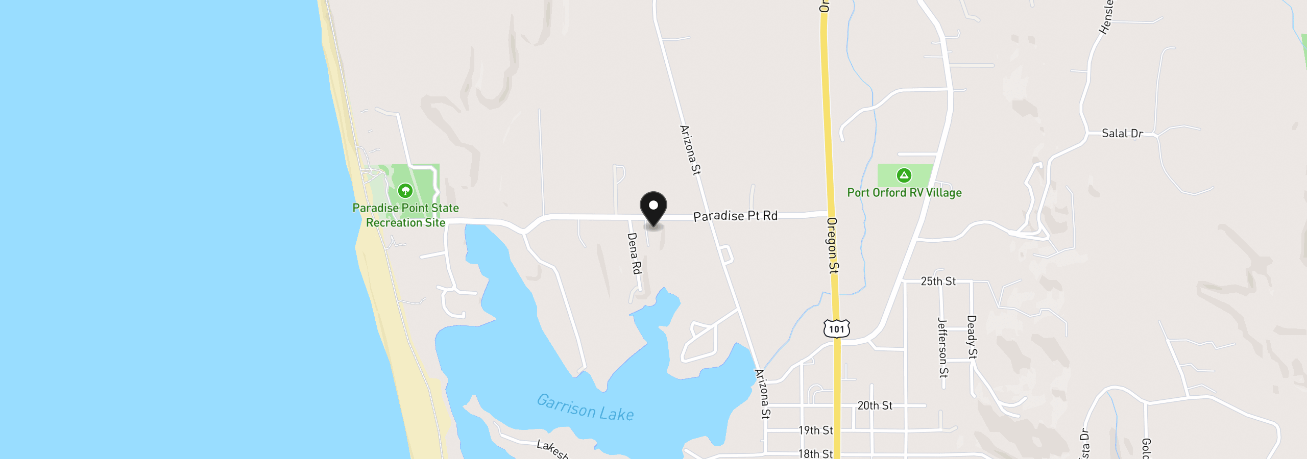 Map showing the location of 92504 Paradise Point Rd, Port Orford, OR 97465