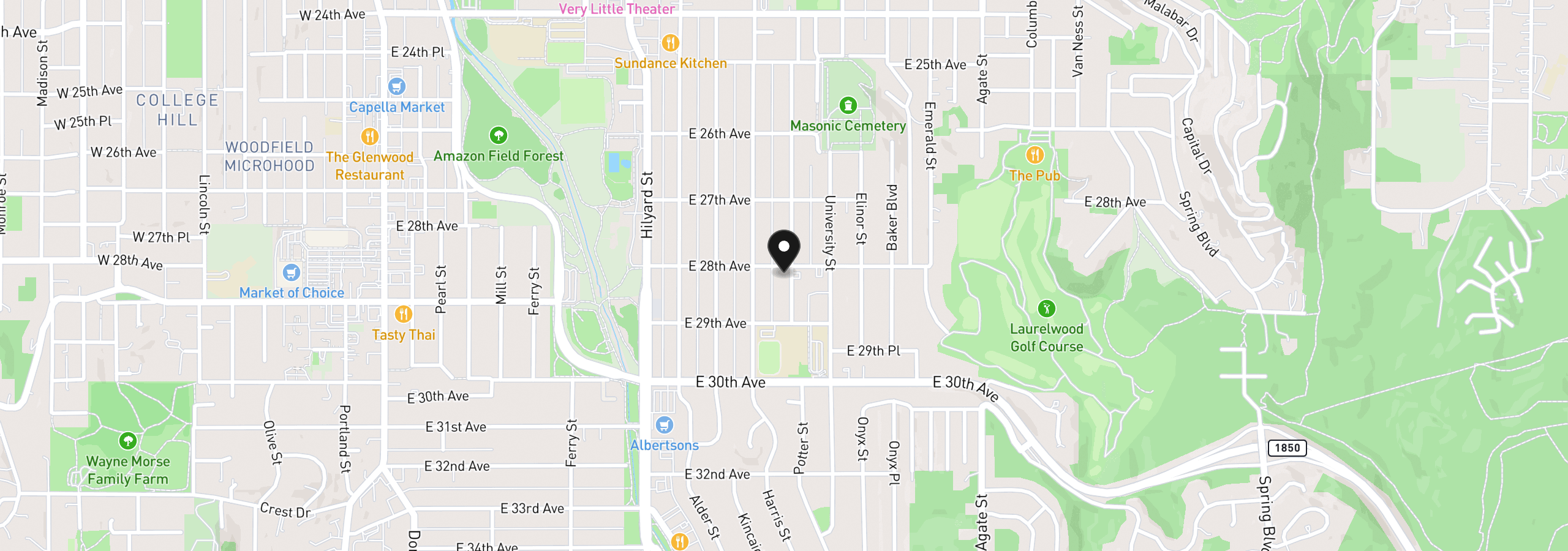 Map showing the location of 1090 E 28th Ave, Eugene, OR 97405