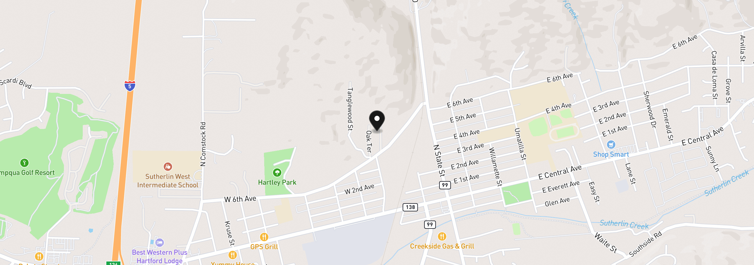 Map showing the location of 575 Cedar St, Sutherlin, OR 97479