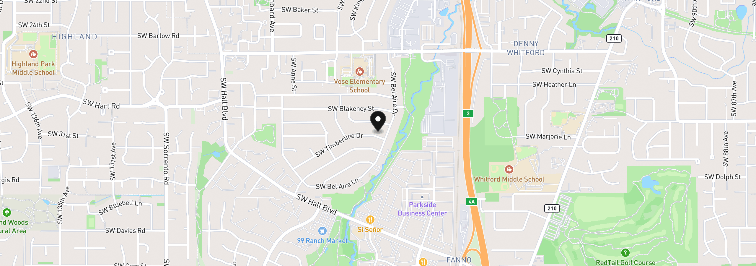 Map showing the location of 11255 SW Timberline Dr, Beaverton, OR 97008