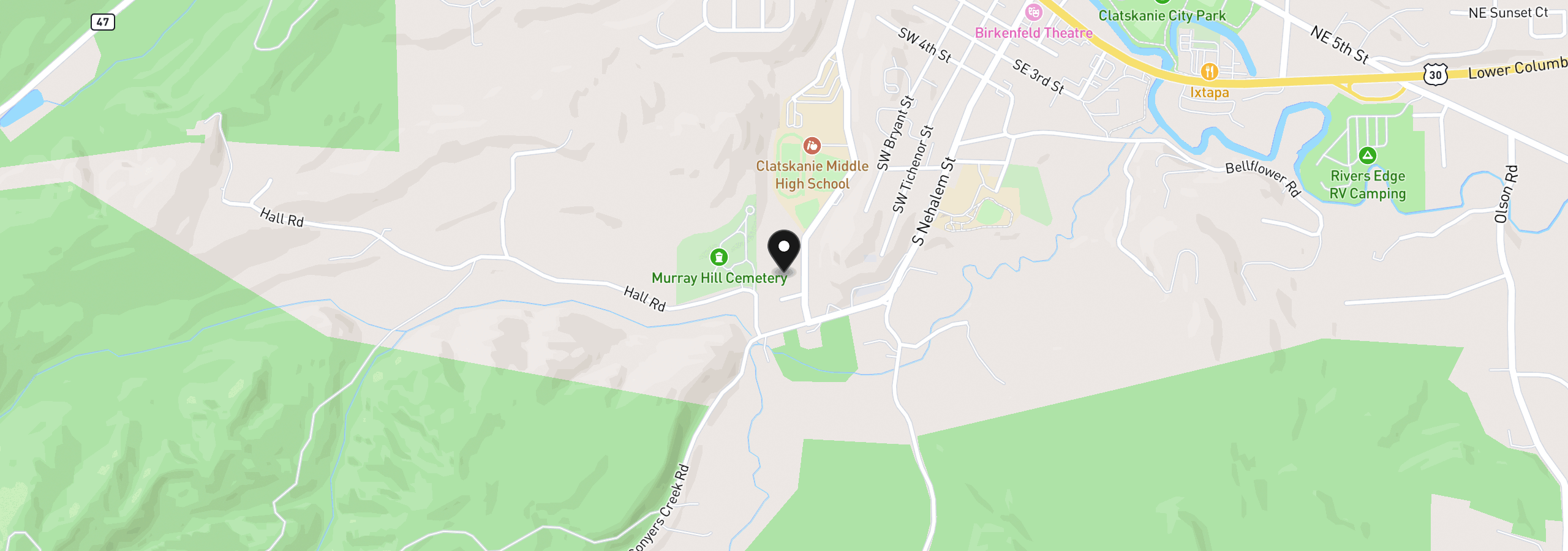 Map showing the location of 1453 SW Rainfall Dr, Clatskanie, OR 97016