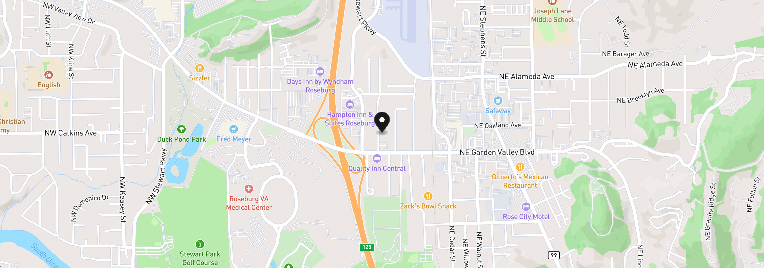 Map showing the location of 1477 NW Eden St, Roseburg, OR 97470