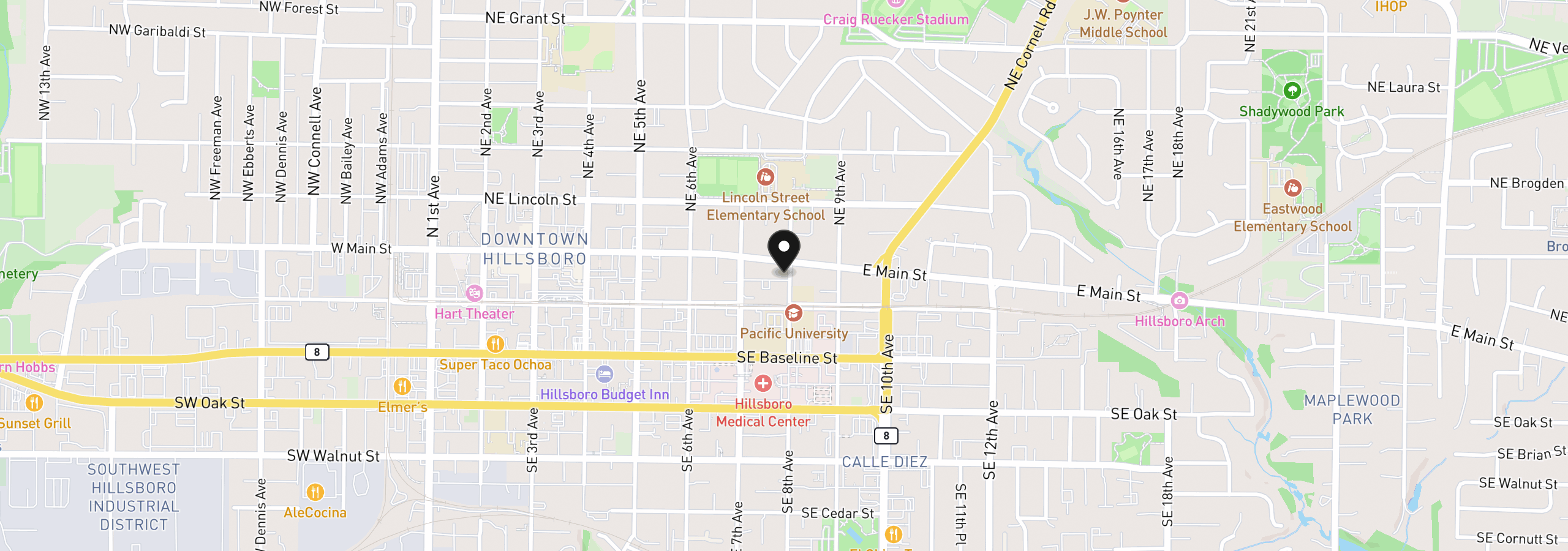 Map showing the location of 115 SE 8th Ave, Hillsboro, OR 97123