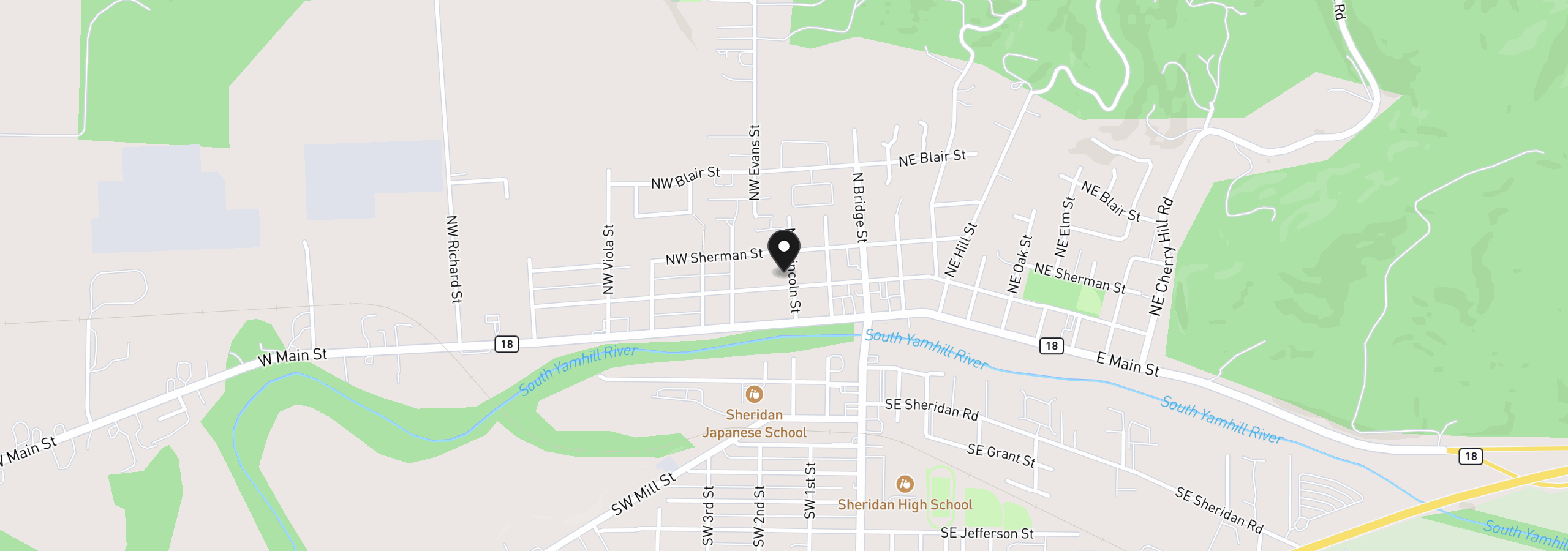 Map showing the location of 220 NW Lincoln St, Sheridan, OR 97378