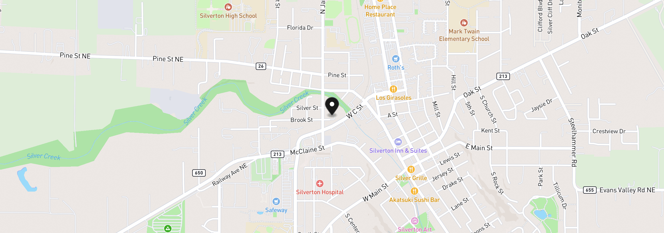 Map showing the location of 211 Silver St 2i, Silverton, OR 97381